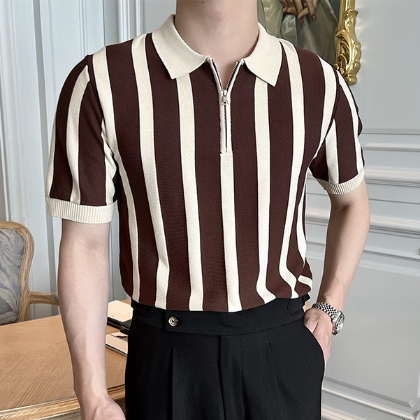 Áo Sơ Mi POLO Tay Ngắn Kẻ Sọc Phối Khóa Kéo Kiểu Retro Thời Trang Mùa Hè Cho Nam Giới Có Size M-3xl