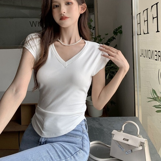 Áo Thun Nữ Ngắn Tay Cổ Chữ V Thời Trang Hàn Quốc