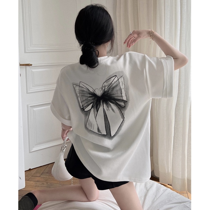 NUZIRO Áo Thun Tay Ngắn Cổ Tròn In Hình Bướm Màu Hồng Thời Trang Hàn Quốc Dành Cho Nữ