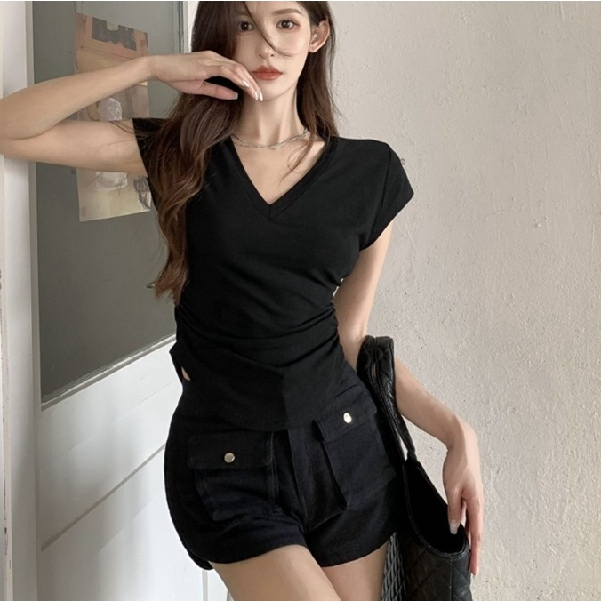 Áo Thun Nữ Ngắn Tay Cổ Chữ V Thời Trang Hàn Quốc