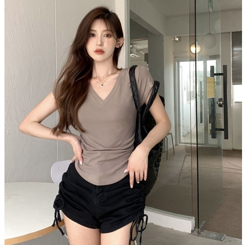 Áo Thun Nữ Ngắn Tay Cổ Chữ V Thời Trang Hàn Quốc