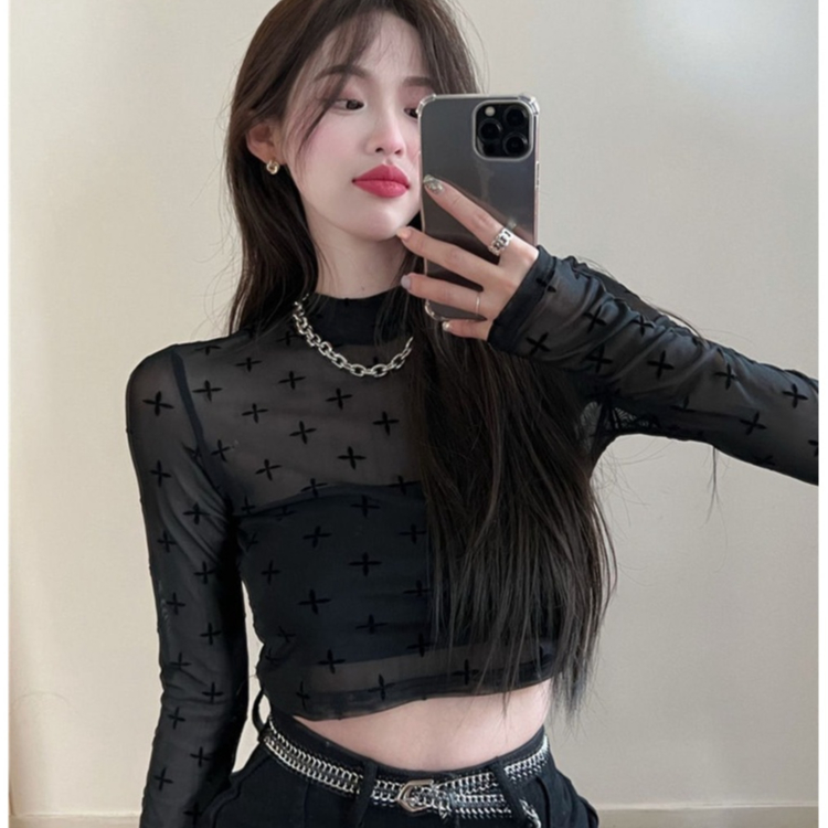 Áo Thun Tay Dài Dạng Lưới Hở Rốn In Họa Tiết Hoa Thời Trang Cổ Điển Phương Tây Dành Cho Bạn Nữ