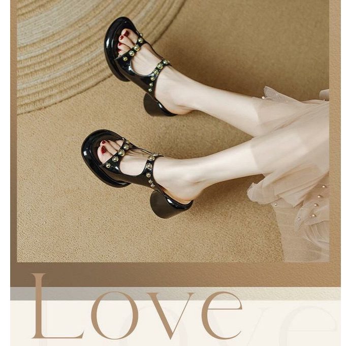 🎀 Dép Sandal Đế Dày Bằng Da Thật Quai Ngang Hở Ngón Đính Đinh Tán Thời Trang Mùa Hè Cho Nữ