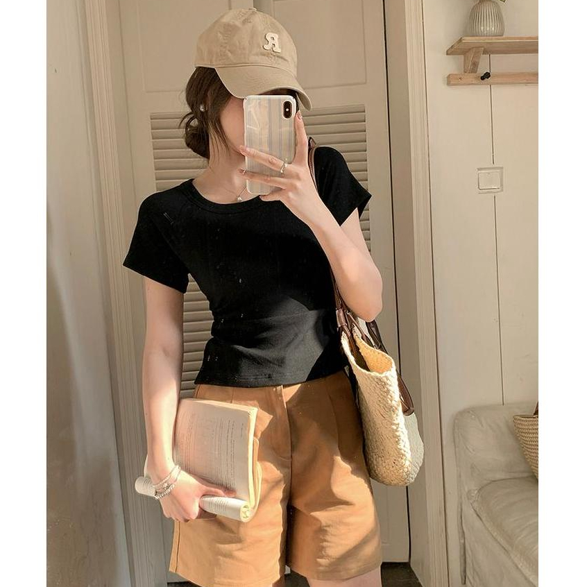 Áo Thun Dáng Ôm Cổ Tròn Ngắn Tay Khoét Lưng Thời Trang Cá Tính 61815