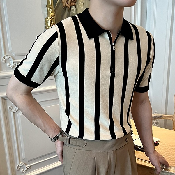 Áo Sơ Mi POLO Tay Ngắn Kẻ Sọc Phối Khóa Kéo Kiểu Retro Thời Trang Mùa Hè Cho Nam Giới Có Size M-3xl