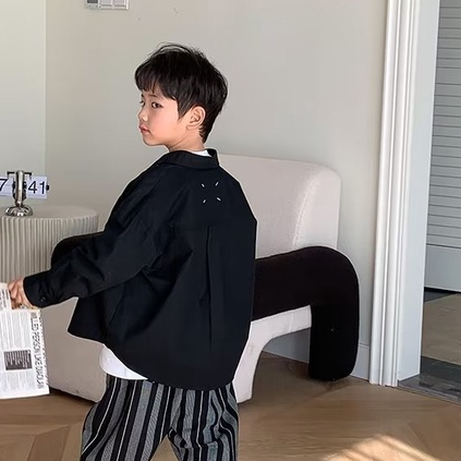 Áo sơ mi cotton BXPB màu trơn tay dài dáng rộng phong cách Hàn Quốc cho bé 100-160