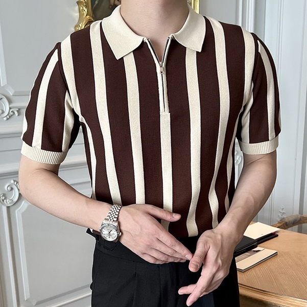 Áo Sơ Mi POLO Tay Ngắn Kẻ Sọc Phối Khóa Kéo Kiểu Retro Thời Trang Mùa Hè Cho Nam Giới Có Size M-3xl