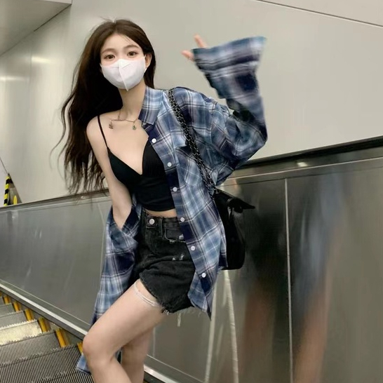 Áo Sơ Mi Caro Tay Dài Dáng Rộng Phong Cách Hàn Quốc Cổ Điển Thời Trang Mùa Hè Mới Cho