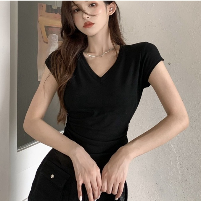 Áo Thun Nữ Ngắn Tay Cổ Chữ V Thời Trang Hàn Quốc