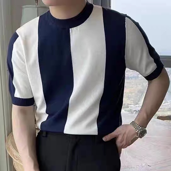 Áo Thun Dệt Kim Ngắn Tay Họa Tiết Kẻ Sọc Size M-3xl Phong Cách Hàn Quốc Cho Nam