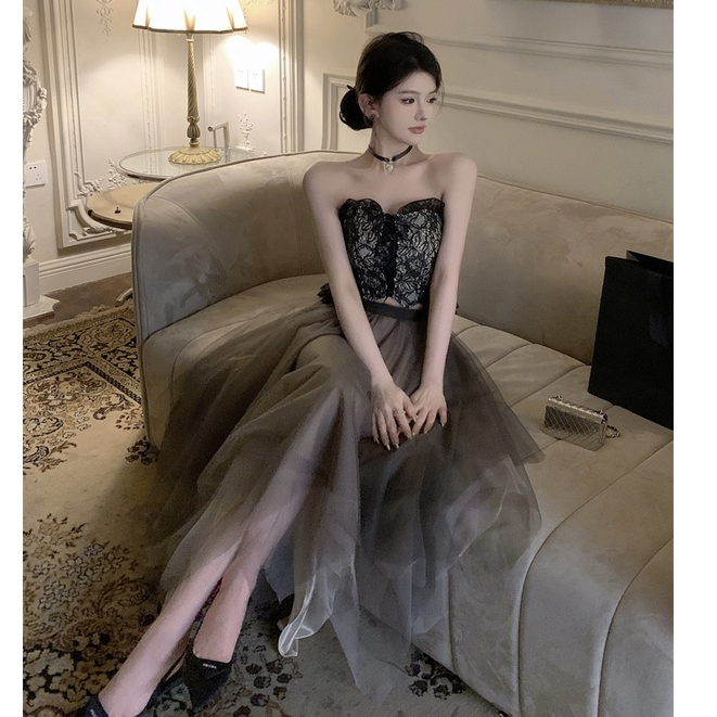 Bộ Áo Ren Không Tay + Chân Váy Lưới Lưng Cao Thời Trang Mùa Hè Cho Nữ