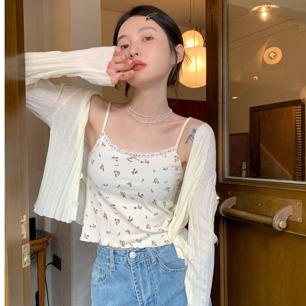 Áo Croptop Sát Nách Dệt Kim Hoạ Tiết Hoa Thiết Kế Cổ Chữ V Nữ Tính