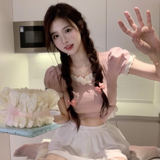 ZHELIHANGFEI Áo Dệt Kim Ngắn Tay Lưng Cao Thời Trang Xinh Xắn Cho Nữ