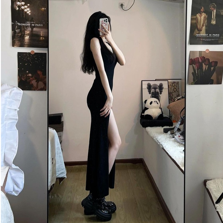 Váy đuôi cá hai dây dáng dài, ôm body, xẻ tà, gợi cảm, quyến rũ, hàng Quảng Châu cao cấp, thời trang xuân hè mới dành cho nữ