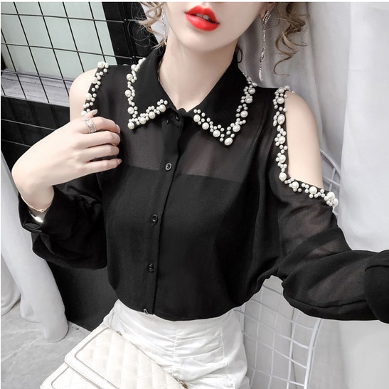 Áo Sơ Mi Dài Tay Trễ Vai Đính Ngọc Trai Phong Cách Pháp Thời Trang Dành Cho Nữ