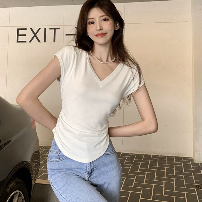 Áo Thun Nữ Ngắn Tay Cổ Chữ V Thời Trang Hàn Quốc