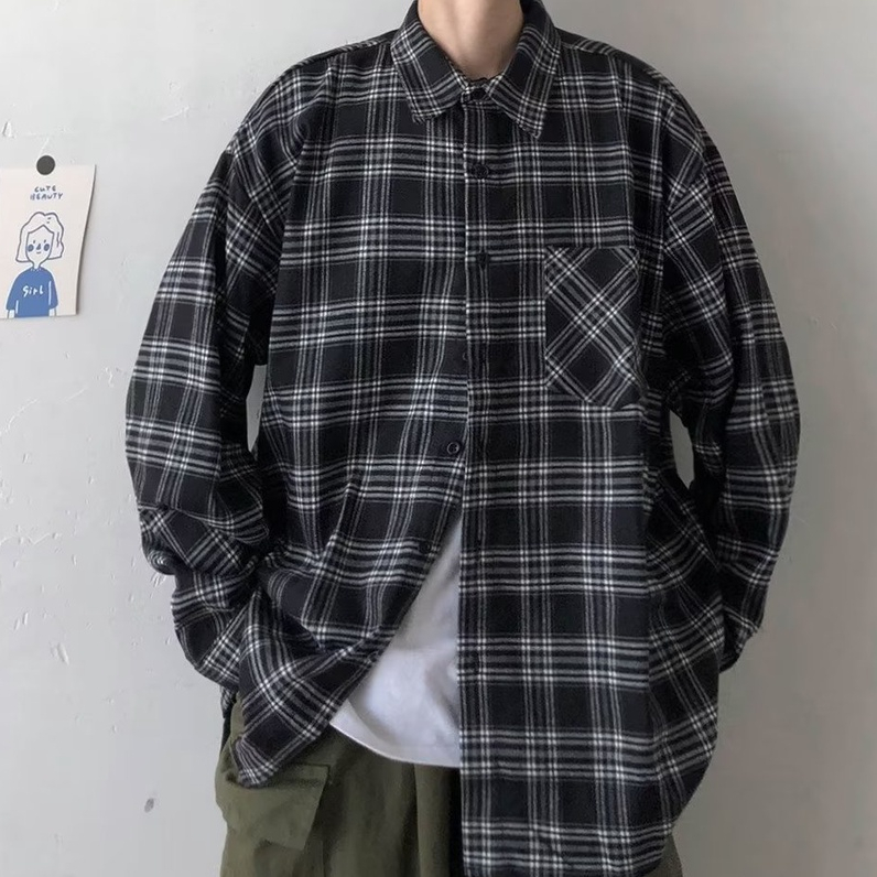 Áo Khoác Sơ Mi Sọc Ca Rô Dáng Rộng Phong Cách Hồng Kông Thời Trang Xuân Thu Cho Nam