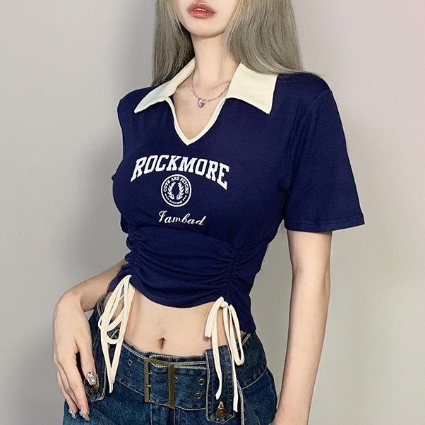 ZHELIHANGFEI Áo Croptop Tay Ngắn Cổ Polo Phối Dây Rút Thiết Kế Quyến Rũ Cho Nữ