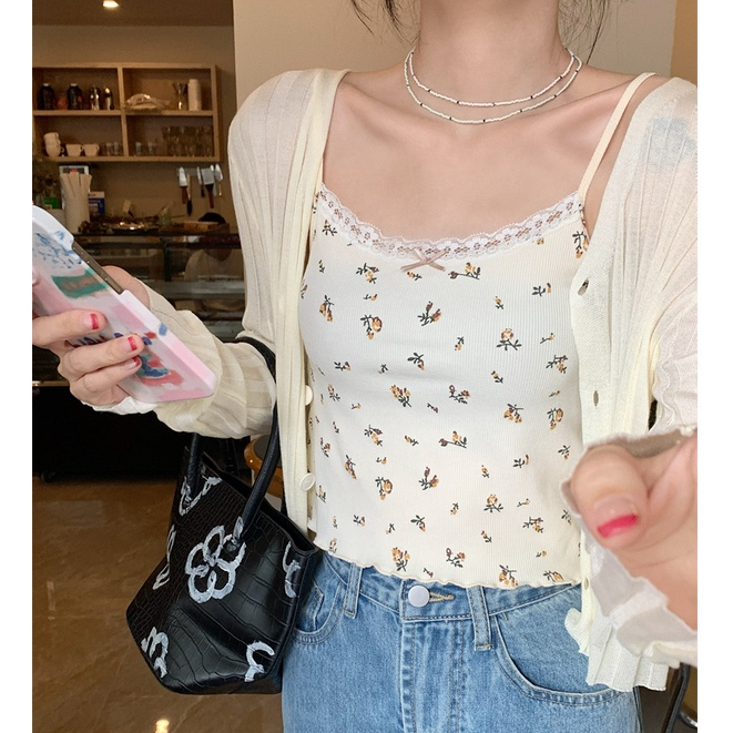 Áo Croptop Sát Nách Dệt Kim Hoạ Tiết Hoa Thiết Kế Cổ Chữ V Nữ Tính