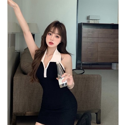 ZHELIHANGFEI Đầm Hai Dây Màu Đen Nhấn Eo Cao Tôn Dáng Quyến Rũ Hợp Thời Trang