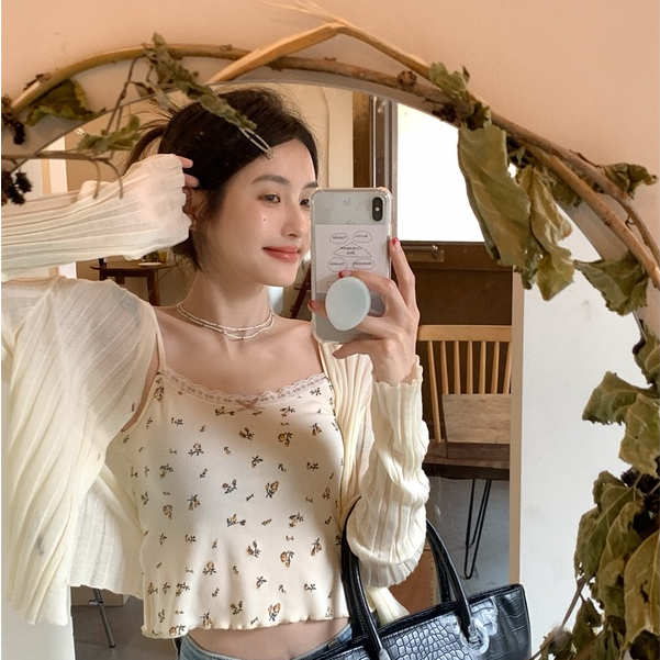 Áo Croptop Sát Nách Dệt Kim Hoạ Tiết Hoa Thiết Kế Cổ Chữ V Nữ Tính