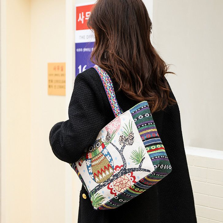 Nallcheer Túi Xách Đeo Vai Bằng Vải canvas Thêu Hình Cá Tính Đa Năng Bền Bỉ Thời Trang