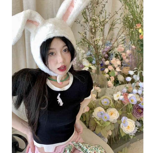 NUZIRO Áo Thun Ngắn Tay Cổ Tròn Thêu Hình Thỏ Thời Trang Mùa Hè Hàn Quốc Dành Cho Nữ