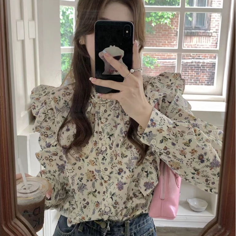 Áo Sơ Mi Nữ Dài Tay In Hoa Phong Cách Hàn Quốc