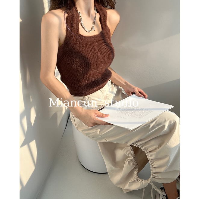 QADCOL Áo Dệt Kim Không Tay Thiết Kế Mỏng Cổ Treo Thiết Kế Sang Trọng Cổ Điển Cho Nữ Mặc Ngoài Trời