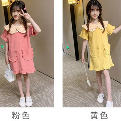Đầm Công Chúa Mùa Hè Tay Cộc Cổ Lá Sen Bằng Cotton Có Túi Lớn + Túi Nhỏ Thời Trang Hàn Quốc Cho Bé Gái 3-14 Tuổi