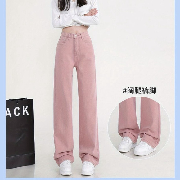 ZHELIHANGFEI Quần jean hồng ống rộng quần slim lưng cao quần rộng