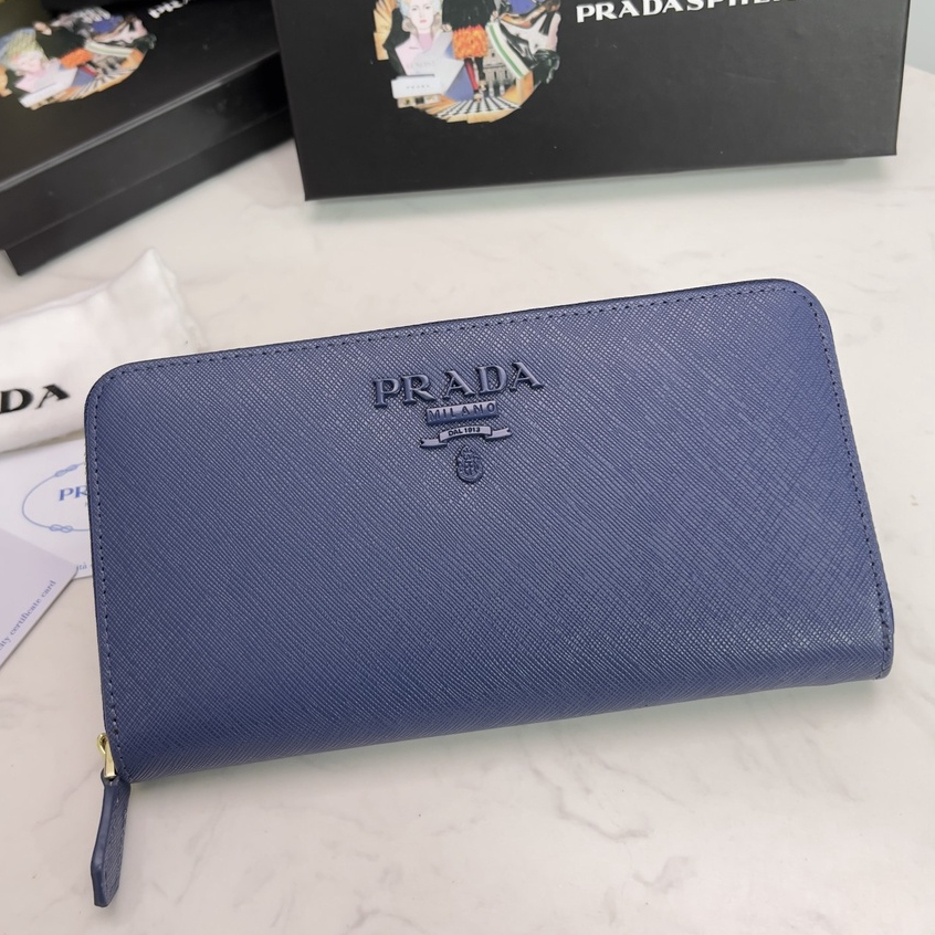 Ví Da Bò Thật Dáng Dài Có Khóa Kéo Hiệu Prada ML201 Màu Xanh Dương Sang Trọng Cho Nữ