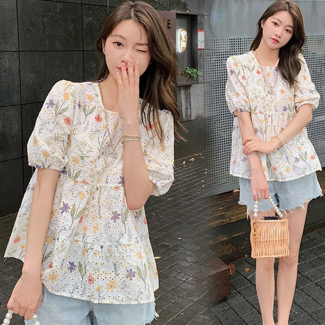 Áo Sơ Mi Cotton Tay Ngắn Phồng Thêu Hoa Phong Cách Hàn Quốc Cho Nữ Baju Baju Wanita Lengan Panjang Hàng Mới Có Sẵn