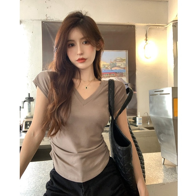 Áo Thun Nữ Ngắn Tay Cổ Chữ V Thời Trang Hàn Quốc