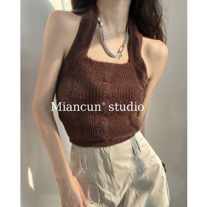 QADCOL Áo Dệt Kim Không Tay Thiết Kế Mỏng Cổ Treo Thiết Kế Sang Trọng Cổ Điển Cho Nữ Mặc Ngoài Trời