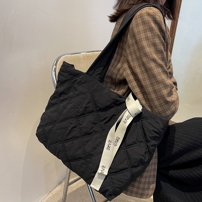 Mischa Túi tote Đeo Vai Bằng cotton Sức Chứa Lớn Màu Trơn Họa Tiết Hình Thoi Đơn Giản Hợp Thời Trang