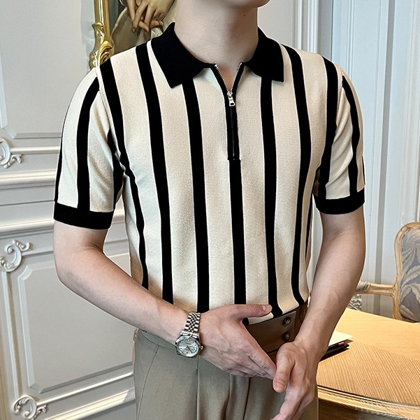 Áo Sơ Mi POLO Tay Ngắn Kẻ Sọc Phối Khóa Kéo Kiểu Retro Thời Trang Mùa Hè Cho Nam Giới Có Size M-3xl