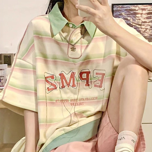ZHELIHANGFEI Áo Thun POLO Ngắn Tay Họa Tiết Sọc Ngang Thời Trang Dành Cho Nữ
