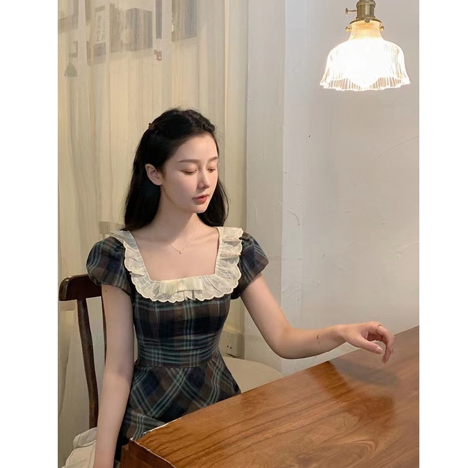 ZHELIHANGFEI Đầm Dài Họa Tiết Sọc Caro Thiết Kế Ngọt Ngào Thời Trang Theo Phong Cách Pháp