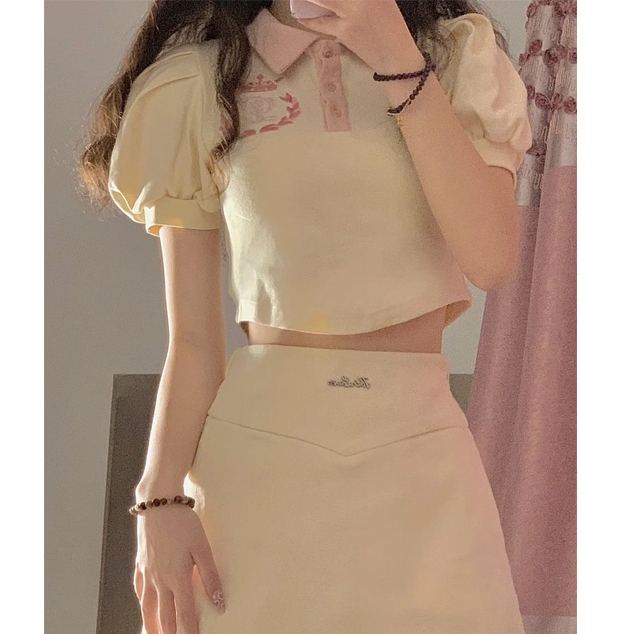 ZHELIHANGFEI Set Áo Thun Polo Tay Ngắn Phồng Cổ Bẻ Phối Chân Váy Chữ a Lưng Cao Thời Trang Trẻ Trung