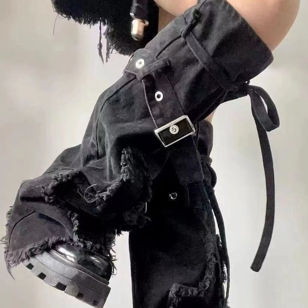 Y2k Vỏ Bọc Chân Kèn Trumpet Bằng Denim Có Dây Đeo Chéo Phong Cách Punk Châu Á Ngọt Ngào