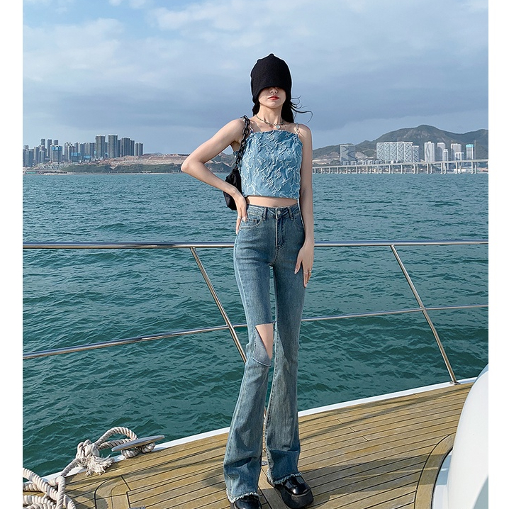 ihkke Quần jeans Nữ Rách Gối Phong Cách retro Cá Tính