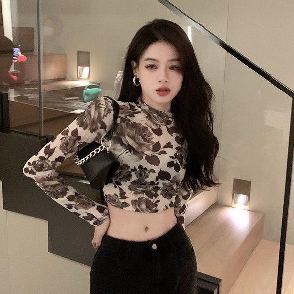 Áo Thun Tay Dài Dạng Lưới Hở Rốn In Họa Tiết Hoa Thời Trang Cổ Điển Phương Tây Dành Cho Bạn Nữ