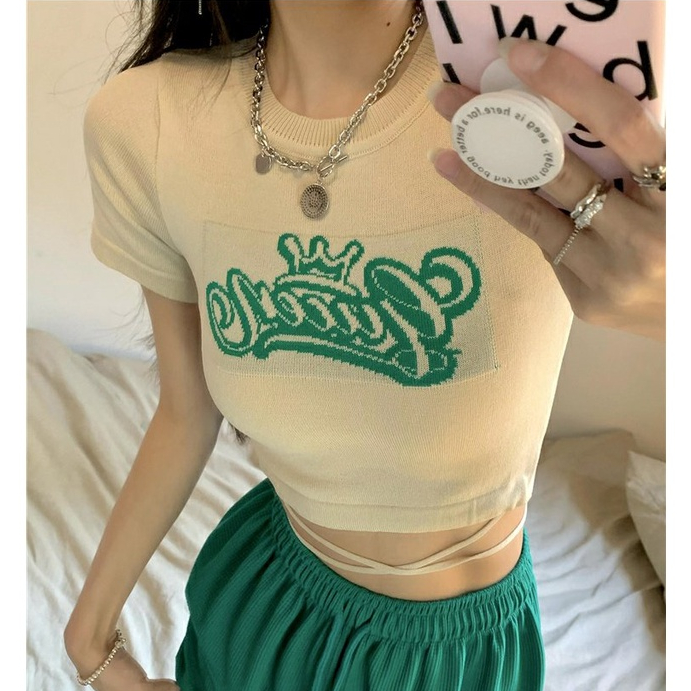 ZHELIHANGFEI Áo Croptop Tay Ngắn Hoạ Tiết In Thiết Kế Quyến Rũ