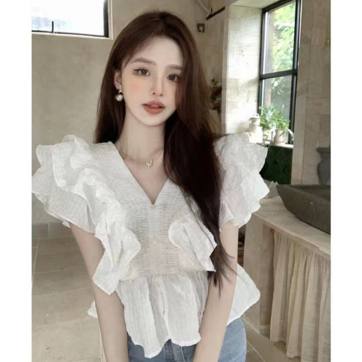 Áo Kiểu Cổ Chữ v Phối Bèo Phong Cách retro Thời Trang Hàn Quốc