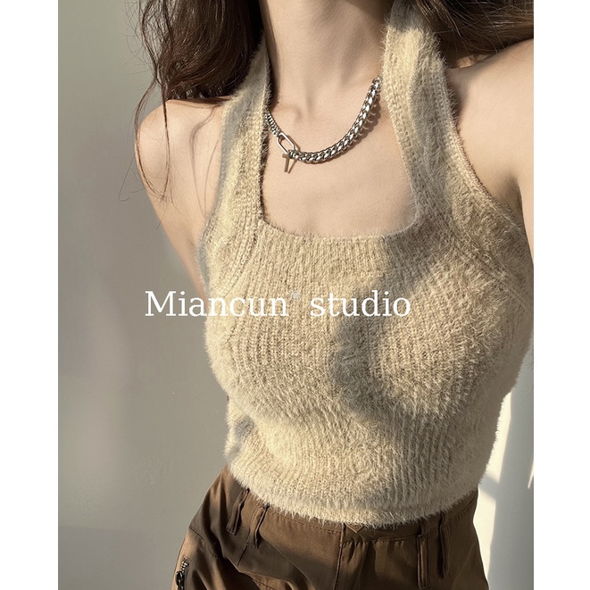 QADCOL Áo Dệt Kim Không Tay Thiết Kế Mỏng Cổ Treo Thiết Kế Sang Trọng Cổ Điển Cho Nữ Mặc Ngoài Trời