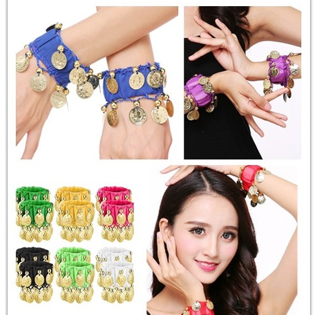 1 Cặp Vòng Đeo Tay / Cổ Chân Bằng Vải Chiffon Đính Đồng Xu Vàng Dùng Múa Bụng Ấn Độ
