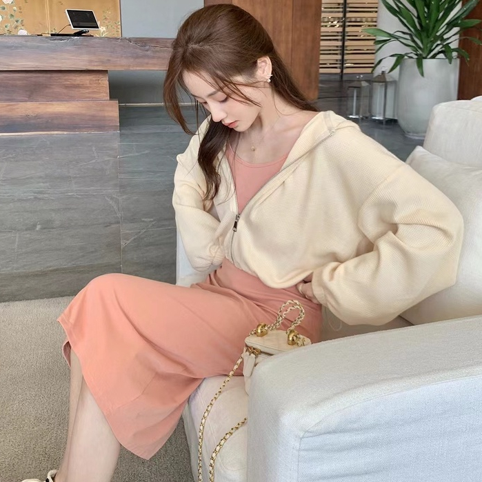 ZHELIHANGFEI Set Áo Khoác Tay Dài Dáng Rộng Phối Váy Yếm Dài Thời Trang Xinh Xắn Cho Nữ