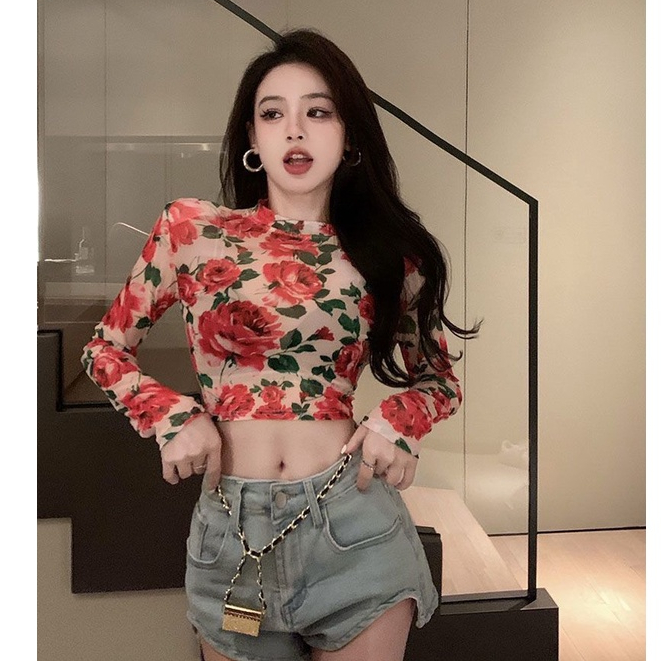 Áo Thun Tay Dài Dạng Lưới Hở Rốn In Họa Tiết Hoa Thời Trang Cổ Điển Phương Tây Dành Cho Bạn Nữ