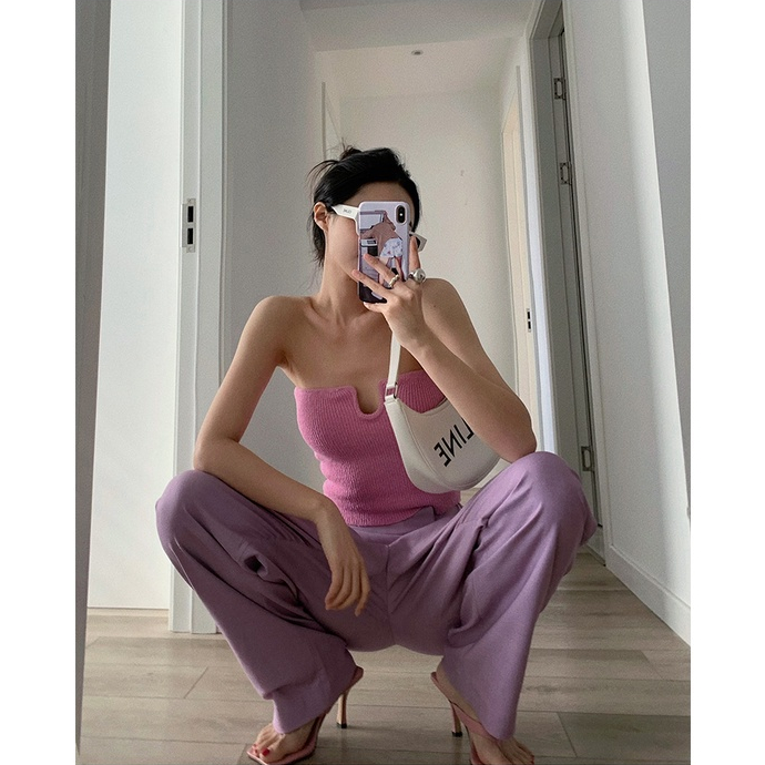 Minimalist Labo Áo Croptop Dệt Kim Sát Nách Màu Trơn Dáng Ôm Thời Trang Mùa Hè Quyến Rũ Cho Nữ